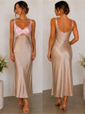 Fortunate One Two-Tone Satin Slip Dress in Blush and Champagne